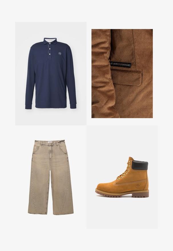 Hnědá manšestrová bunda s boční kapsou na levé straně a štítkem s nápisem "Gráinne Kavanagh" v černé barvě, s viditelným prošitím po celém povrchu.; Námořnická polo košile s dlouhým rukávem vyrobená z měkké tkaniny, s límečkem, zapínáním na tři knoflíky a logem na levé části hrudi.; PULL&BEAR MEGA BAGGY - Baggy džíny - light grey; Hnědé semišové kotníkové boty s černým polstrovaným límcem, zlatými kovovými očky, bílým prošíváním a odolnou gumovou podrážkou s výraznými drážkami.