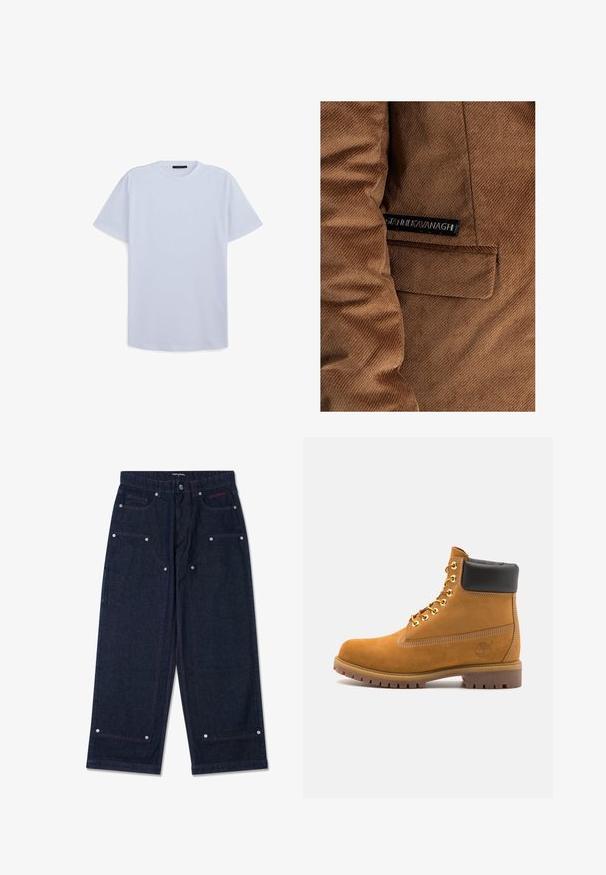 Giacca in velluto a coste marrone con tasca sul lato sinistro e un'etichetta con "Gráinne Kavanagh" in nero, dettagli di cucitura visibili in tutto il capo.; Maglietta in cotone azzurro chiaro con collo rotondo, maniche corte e vestibilità comoda. Texture liscia, senza motivi o dettagli visibili.; Pantaloni a gamba larga in denim scuro con due tasche frontali, dettagli in metallo argentato e cuciture rosse in contrasto. Caratterizzati da una chiusura a bottone e logo del marchio.; Stivale alla caviglia in suede tan con collare imbottito nero, occhielli in metallo dorato, dettagli in cucitura bianca e suola in gomma robusta con battistrada pronunciato.