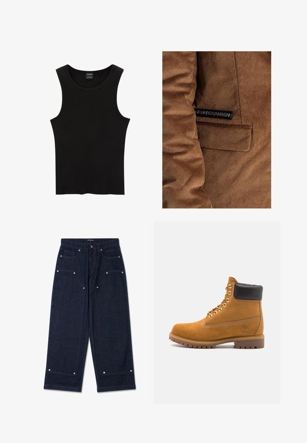 Ruskohvihta ruskea, jossa on vasemmalla puolella tasku ja etiketti, jossa on mustalla "Gráinne Kavanagh", näkyvät ompeluseikat kauttaaltaan.; Musta ribattoppi, jossa on pyöreä pääntie ja leveät hihansuut, valmistettu pehmeästä, joustavasta kankaasta. Merkki: Pull&Bear.; Tumman farkkukankaan leveälahkeiset housut, joissa on kaksi etutaskua, hopeiset yksityiskohdat ja kontrastiväriset punaiset ompeleet. Housuissa on nappikiinnitys ja brändin logo.; Valkoinen nahkainen nilkkuri mustalla pehmustetulla kauluksella, kultaisilla metallisilla rei'illä, valkoisella ompeluksella ja jykevällä kumipohjalla, jossa on selvästi näkyvät urat.