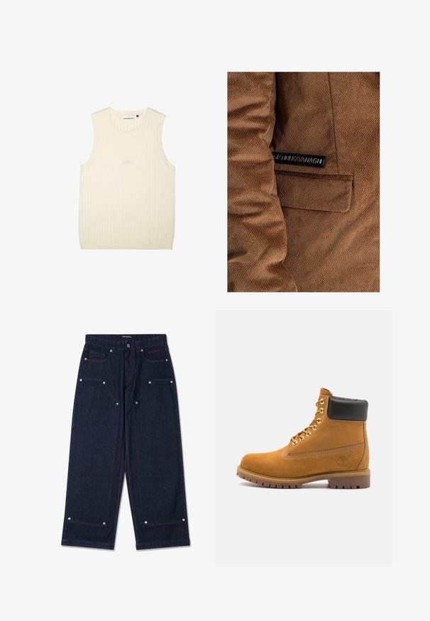 Smeđi kordura sakoa s lijevom bočnom džepom i etiketom s natpisom "Gráinne Kavanagh" u crnoj boji, vidljive detalje šivanja cijelim sakoom.; Kremasta bezrukavna majica od rebrastog materijala, s okruglim izrezom i suptilnim izvezenim logom na prednjoj strani.; Tamne široke hlače od tamnog trapera s dva prednja džepa, detaljima od srebrnog hardvera i kontrastnim crvenim šavovima. Sadrže kopčanje na dugme i logotip brenda.; Antracitne antilop čizme do gležnjeva s crnim podstavljenim ovratnikom, zlatnim metalnim rupicama, bijelim šavovima i robusnom gumenom potplatom s izraženim šarama.