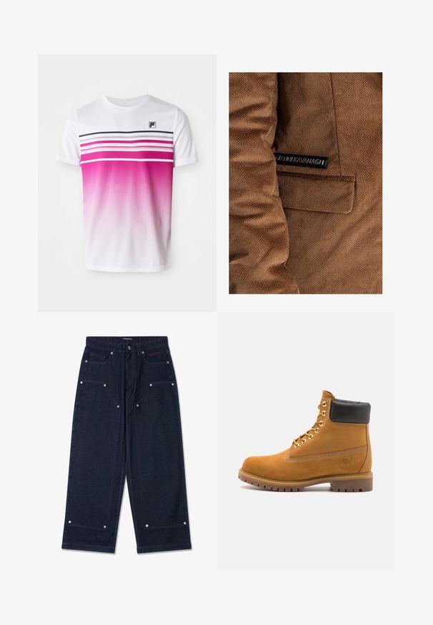 Ruskohvihta ruskea, jossa on vasemmalla puolella tasku ja etiketti, jossa on mustalla "Gráinne Kavanagh", näkyvät ompeluseikat kauttaaltaan.; Valkoinen lyhythihainen t-paita, jossa on vaaleanpunainen ombre-suunnittelu, vaakasuorat raidat tummanpunaisena ja laivastonsinisenä sekä pieni musta logo rinnassa.; Tumman farkkukankaan leveälahkeiset housut, joissa on kaksi etutaskua, hopeiset yksityiskohdat ja kontrastiväriset punaiset ompeleet. Housuissa on nappikiinnitys ja brändin logo.; Valkoinen nahkainen nilkkuri mustalla pehmustetulla kauluksella, kultaisilla metallisilla rei'illä, valkoisella ompeluksella ja jykevällä kumipohjalla, jossa on selvästi näkyvät urat.