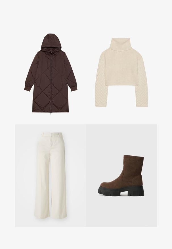 Casaco longo acolchoado castanho com capuz, fecho éclair frontal e punhos elásticos. Apresenta costura diagonal e dois bolsos frontais. Material suave e brilhante.; Sweater cortado de cor creme com gola alta, corpo de ponto texturizado e mangas com padrão espinha de peixe. Feito de material de lã macia.; Calças largas numa cor bege clara, feitas de um tecido suave. Apresentam uma cintura clássica e parte da frente lisa com linhas limpas.; Botas de tornozelo em camurça castanha com um acabamento texturizado, bico arredondado e uma sola de borracha preta grossa com um padrão de tração.