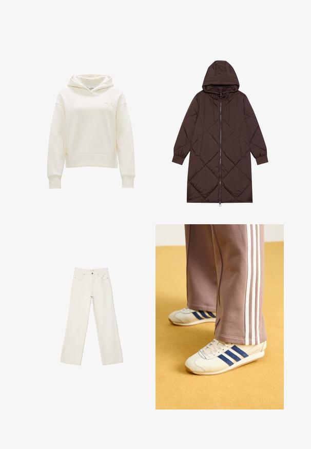 Brauner, gesteppter langer Mantel mit Kapuze, Frontreißverschluss und elastischen Bündchen. Verfügt über diagonale Nähte und zwei Eingrifftaschen. Glattes, glänzendes Material.; Elfenbeinfarbener Pullover-Hoodie aus weichem Stoff, mit einem Frontlogo, einer verstellbaren Kapuze und gerippten Bündchen sowie Saum für einen bequemen Sitz.; Weiße lässige Jeans aus Denim mit hochgeschnittenem Bund, Fronttaschen und Knopfverschluss. Schlichtes Design mit minimalen Akzenten.; Cremfarbene Sneaker mit blauen Wildlederstreifen, weißen Schnürsenkeln und einer Gummisohle. Kombiniert mit grauen Jogginghosen mit weißen Seitenstreifen.