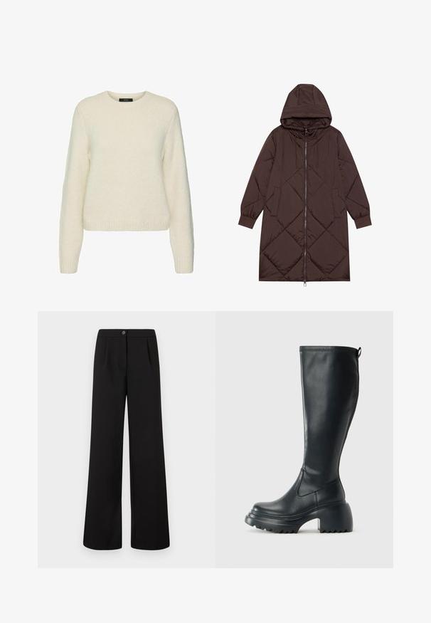 Brun vadderad lång jacka med huva, framsidig dragkedja och elastiska ärmslut. Har diagonala sömmar och två framsidiga fickor. Slät, glänsande material.; Vitt stickat tröja med rund halsringning, långa ärmar och ribbade mudd- och nederkanter. Mjuk textur och avslappnad passform.; Svarta hög midja vida byxor med framknapp och dragkedja, med subtila veck under midjebandet.; Höga svarta läderstövlar med kraftig plattformssula och blockklack, med dragflik och strukturerat mönster på yttersulan.