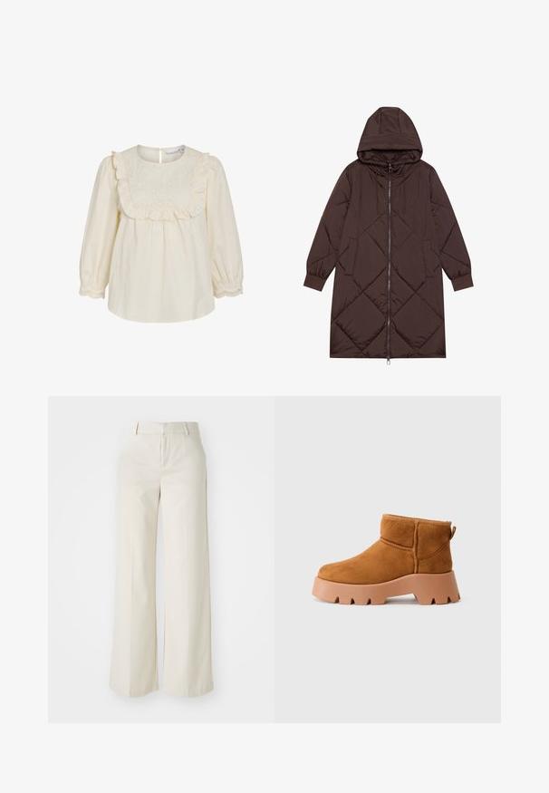 Brown quilted long coat with a hood, front zipper, and elastic cuffs. Features diagonal stitching and two front pockets. Smooth, shiny material.; Cream cotton blouse featuring a ruffled collar with embroidery, long sleeves with elastic cuffs, and a button closure at the back.; Wide-leg trousers in a light beige color, made of a smooth fabric. Features a classic waistband and flat front with clean lines.; Tan suede ankle boots with a rounded toe, a textured brown sole, and a pull tab. Features a stitched seam and chunky platform design.