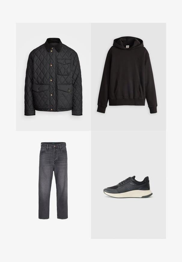 Casaco acolchoado preto com colarinho de veludo cotelê, botões de pressão dourados, dois bolsos frontais e um bolso no lado esquerdo, apresentando um patch de logotipo.; Hoodie preto da Levi's com bolso frontal em forma de canguru e logotipo discreto bordado no peito, exibido em fundo claro e liso.; Camisola de manga longa preta feita de algodão. Apresenta um colarinho redondo, punhos canelados e um pequeno logo bordado vermelho no peito. Textura suave.; Fatos de ganga cinza escuro com um design de perna reta, cintura alta, estilo de cinco bolsos e desbotamento leve. Fecho com botão metálico e zip.; Sapatilha atlética preta com parte superior em malha com perfurações, uma entressola texturizada em creme e uma sola de borracha para tração.