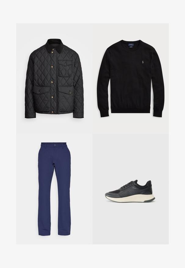 Casaco acolchoado preto com colarinho de veludo cotelê, botões de pressão dourados, dois bolsos frontais e um bolso no lado esquerdo, apresentando um patch de logotipo.; Sweater preto de algodão com mangas longas, punhos e barra canelados, decote redondo e pequeno logotipo bordado no peito. Design simples.; Calças azul marinho feitas de um tecido macio e elástico. Apresentam um corte reto, passadores para cinto e um fecho de botão na frente.; Sapatilha atlética preta com parte superior em malha com perfurações, uma entressola texturizada em creme e uma sola de borracha para tração.