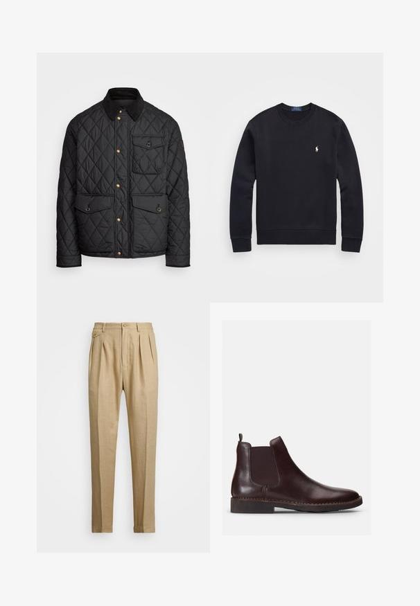 Veste noire matelassée avec un col en velours côtelé, des boutons-pression dorés, deux poches avant et une poche sur le côté gauche, avec un patch logo.; Sweat-shirt noir en mélange de coton, avec un col rond, des manches longues, des poignets et un ourlet côtelés, et un petit logo brodé sur la poitrine.; Pantalons en lin beige avec une coupe droite, arbore deux pinces à l'avant, une fermeture à bouton et des poches latérales. Tissu texturé avec une finition lisse.; Botte Chelsea en cuir marron avec panneaux latéraux élastiques et une languette. La pointe ronde et les coutures sur la semelle ajoutent de la texture et du design.