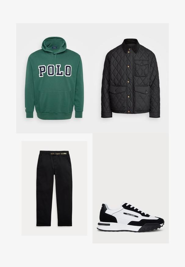 Casaco acolchoado preto com colarinho de veludo cotelê, botões de pressão dourados, dois bolsos frontais e um bolso no lado esquerdo, apresentando um patch de logotipo.; Hoodie verde feito de uma mistura de algodão, com um bolso frontal, punhos e barra canelados, e logo "POLO" em branco e azul-marinho.; Calças pretas feitas de um tecido leve, com uma cintura elástica com um cinto verde integrado, corte reto e bolsos laterais.; Ténis com um cabedal em camurça preta e pele branca, apresentando uma sola em borracha preta, atacadores brancos e um logo "POLO SPORT" na lateral.