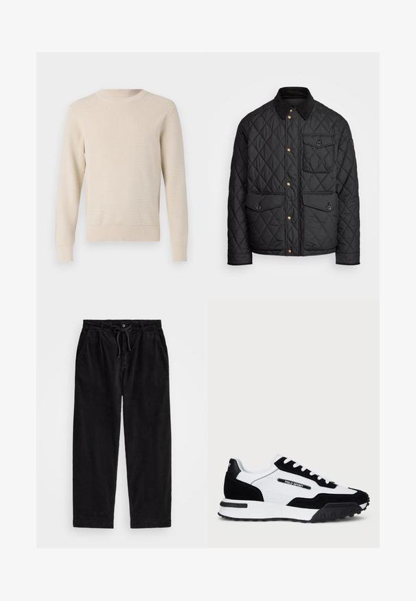 Sort quiltet jakke med en corduroy krave, guld trykknapper, to frontlommer og en lomme på venstre side, udstyret med et logo patch.; Beige strikket sweater med et tekstureret mønster, rund halsudskæring og ribbede manchetter og kant. Klassisk pasform med lange ærmer.; Sort fløjlsbukser med en afslappet pasform, der har en elastisk talje med snøre og sidelommer. Stoffet har en ribbet tekstur.; Sko med en overdel i sort nubuck og hvid læder, der har en sort gummisål, hvide snørebånd og et "POLO SPORT" logo på siden.