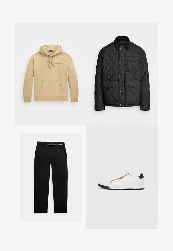 Črna prešita jakna s čimprijem ovratnikom, zlatimi gumbki, dvema sprednjima žepoma in enim žepom na levi strani, ki vsebuje žepno nalepko.; Bež hoodie s sprednjo žepom, kapuco na vrvico in žametenimi manšetami. Ima črn logotip na levem prsnem delu in mehak bombažni material.; Črne hlače iz lahkega blaga, z elastičnim pasom in vgrajenim zeleni pasom, ravne noge in stranskimi žepi.; Bele športne čevlje z mrežnimi in usnjenimi detajli. Opremljeni so z zlatim logotipom "BOSS", teksturiranimi stranskimi paneli in črnim kapcom na peti. Guma podplat.