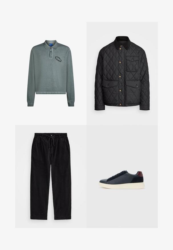 Casaco acolchoado preto com colarinho de veludo cotelê, botões de pressão dourados, dois bolsos frontais e um bolso no lado esquerdo, apresentando um patch de logotipo.; Polo de manga longa em teal suave, com colarinho e punhos canelados. Bordado do logo preto no peito. Tejido macio e texturizado.; Calças de veludo cotelê pretas com um ajuste relaxado, apresentando uma cintura elástica com cordão e bolsos laterais. O tecido apresenta uma textura canalizada.; Sapatilha baixa masculina em couro preto e camurça com aba de calcanhar em amarelo-escuro e sola de borracha branca, vista do lado exterior.