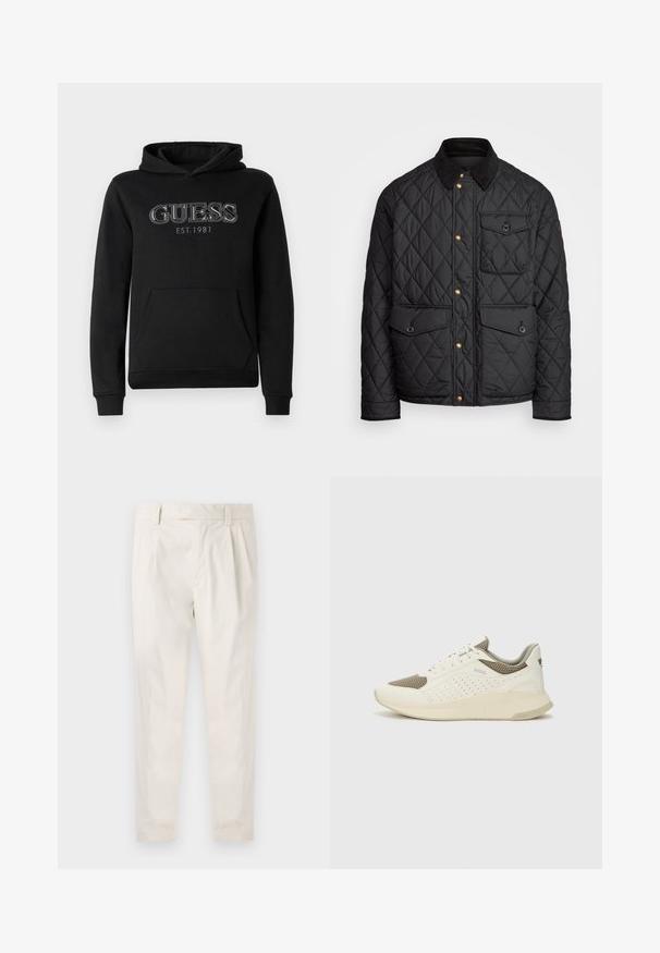 Czarna pikowana kurtka z kołnierzem z sztruksu, złotymi zatrzaskami, dwoma przednimi kieszeniami oraz kieszenią po lewej stronie, z naszywką z logo.; Czarna bluza GUESS z kieszenią z przodu, kapturem i białym haftowanym napisem "GUESS EST. 1981" na piersi.; Białe, plisowane spodnie o dopasowanym kroju, z gładką fakturą, szlufkami na pasek i zwężanymi nogawkami. Brak widocznych kieszeni lub wzorów.; Białe i jasnobeżowe sneakersy sportowe, z siateczkową cholewką, perforowanymi detalami oraz teksturowaną podeszwą śródstopia z brandingiem na pięcie.