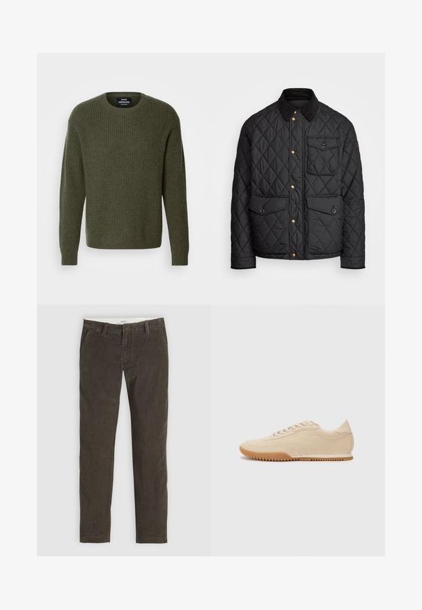 Fekete steppelt dzseki corduroy gallérral, arany snap gombokkal, két elülső zsebbel és egy bal oldali zsebbel, logó jelvénnyel.; Olíva zöld kötött pulóver bordás textúrával, kerek nyakkal és hosszú ujjal. Minimalista design, látható minták vagy díszítések nélkül.; Barna kordbársony nadrág, egyenes lábbal, gombos záródással, oldalsó zsebekkel és finom textúrával.; Beige velúr sportcipők letisztult dizájnnal, textúrázott felsőrésszel, kerek orral és zig-zag mintázattal ellátott gumitalppal.