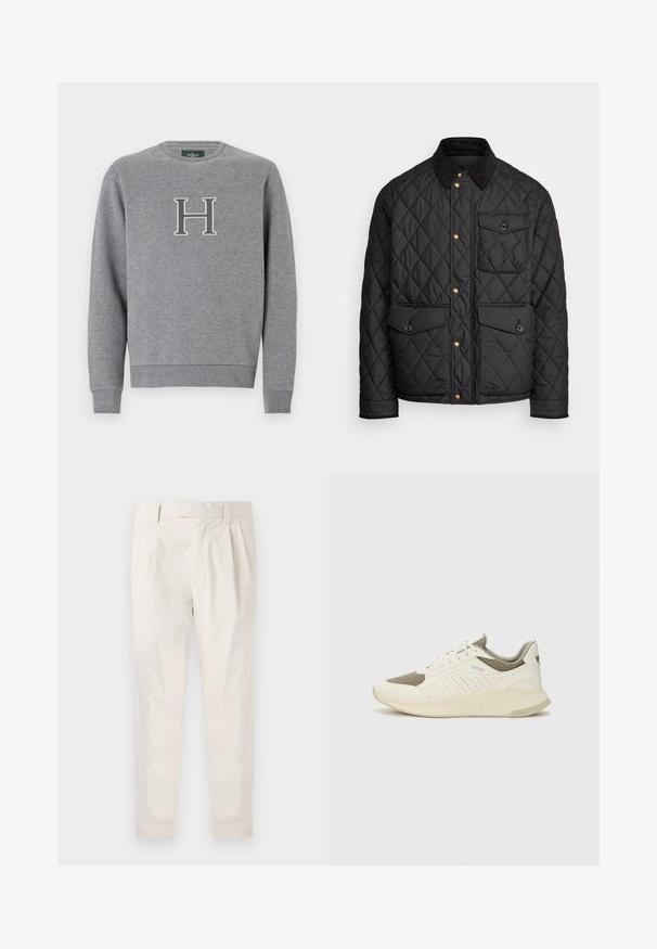 Černá prošívaná bunda s kordovým límcem, zlatými patentkami, dvěma předními kapsami a jednou kapsou na levé straně, která obsahuje nášivku s logem.; Šedá mikina s kulatým výstřihem, žebrovanými manžetami a lemem. Na prsou se nachází kontrastní vyšívané písmeno "H". Hladká textura.; Bílé, plisované kalhoty s upraveným střihem, které mají hladkou texturu, poutka na opasek a zúžené nohavice. Bez viditelných kapes nebo vzorů.; Bílé a světle béžové atletické tenisky, které mají síťovaný svršek, perforované detaily a texturovanou mezipodešev s logem na patě.
