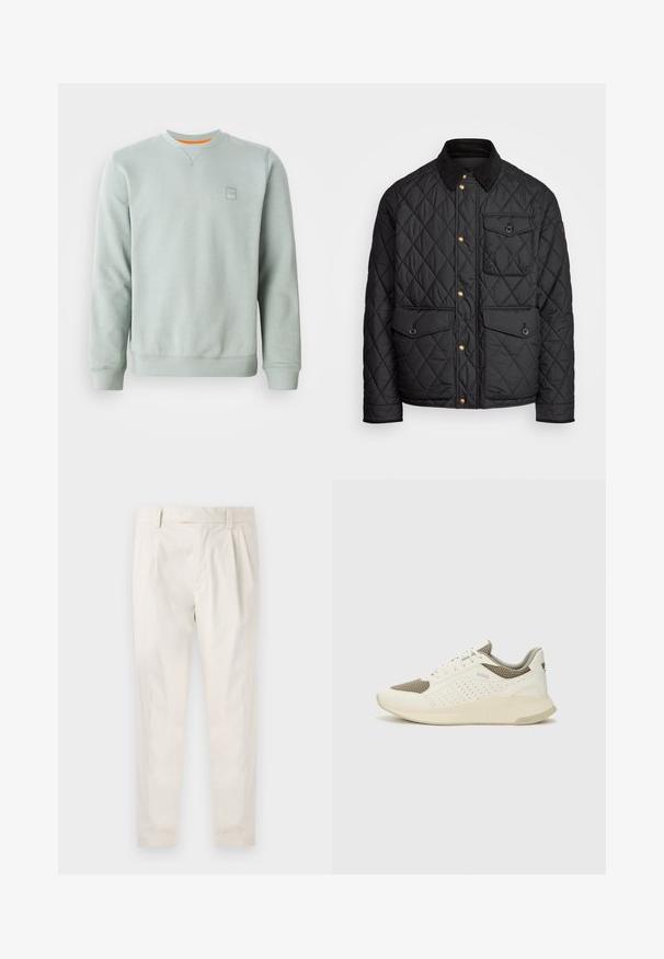 Black quilted jacket with a corduroy collar, gold snap buttons, two front pockets, and a pocket on the left side, featuring a logo patch.; Light green crewneck sweatshirt with long sleeves, ribbed cuffs and hem, and small embossed logo on left chest.; White, pleated trousers with a tailored fit, featuring a smooth texture, belt loops, and tapered legs. No visible pockets or patterns.; White and light beige athletic sneaker, featuring a mesh upper, perforated detailing, and a textured midsole with branding on the heel.