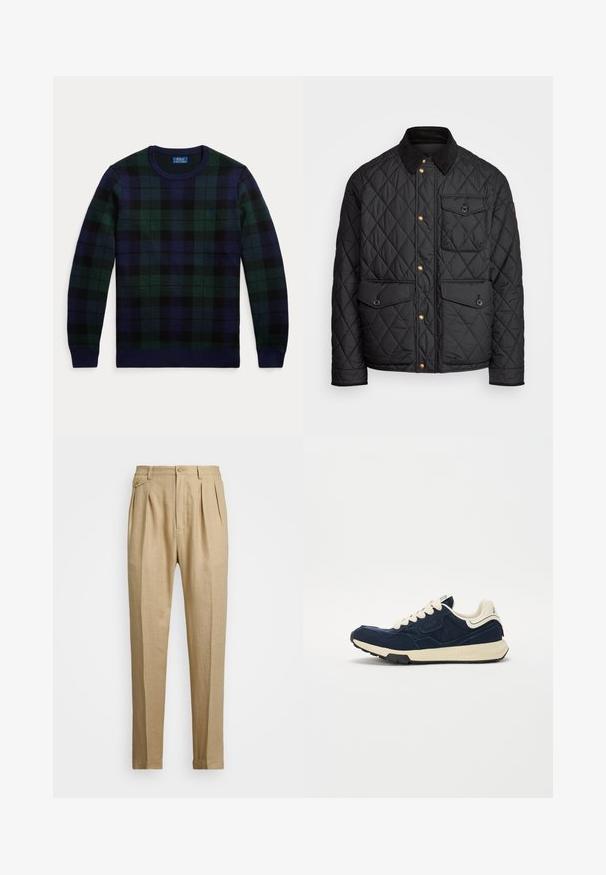 Juodas margintas paltas su kanapių apykakle, auksiniais spaudžiamais mygtukais, dviem priekinių didelėms kišenėms ir kišene kairėje pusėje, su logotipo etikete.; Megztinis su languota rašte žalia, tamsiai mėlyna ir juoda spalvomis, su apvalia kaklo iškirpte ir su ribiniais rankogaliais bei apačia. Maža logotipo detalė ant krūtinės.; Bežinės lininės kelnės tiesaus kirpimo, turinčios dvi priekinės klostes, sagų užsegimą ir šonines kišenes. Tekstūruotas audinys su lygiu paviršiumi.; Tamsiai mėlynos spalvos sportbačiai su tekstūruota zomšinė viršutine dalimi, kreminėmis raišteliais ir smėlio spalvos viduriu. Yra klasikinio sportinio dizaino ir guma dengtu padu.