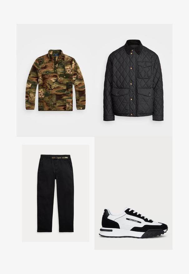 Casaco acolchoado preto com colarinho de veludo cotelê, botões de pressão dourados, dois bolsos frontais e um bolso no lado esquerdo, apresentando um patch de logotipo.; Pulôver de fleece em tons terrosos de verde e castanho, apresentando uma estampa de natureza multicolorida, um fecho de três quartos e um bolso no peito.; Calças pretas feitas de um tecido leve, com uma cintura elástica com um cinto verde integrado, corte reto e bolsos laterais.; Ténis com um cabedal em camurça preta e pele branca, apresentando uma sola em borracha preta, atacadores brancos e um logo "POLO SPORT" na lateral.
