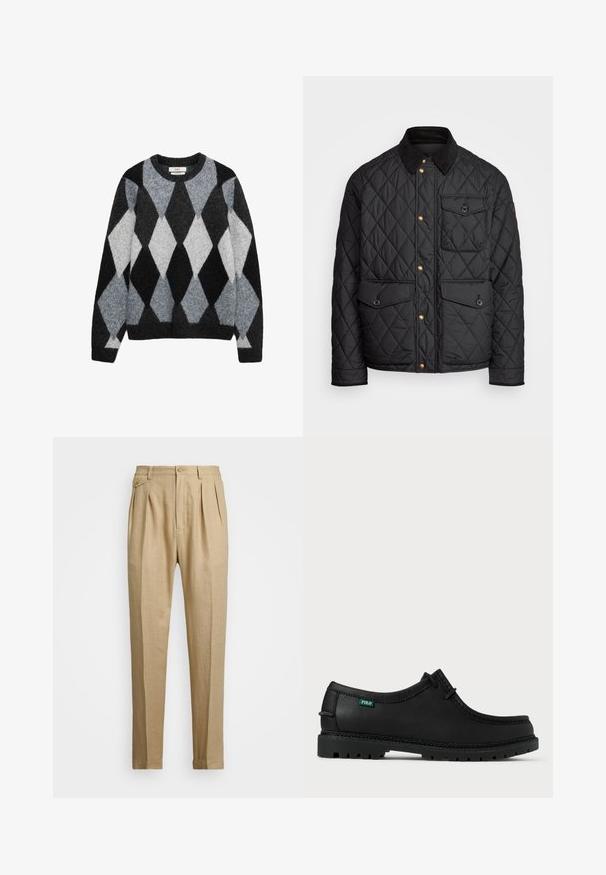Schwarze gesteppte Jacke mit einem Cordkragen, goldenen Druckknöpfen, zwei Fronttaschen und einer Tasche auf der linken Seite, die ein Logopatch aufweist.; Rundhals-Wollpullover mit schwarzem, grauem und weißem Argyle-Rautenmuster und langen Ärmeln.; Beige Leinenhose mit geradem Schnitt, ausgestattet mit zwei vorderen Falten, einem Knopfverschluss und seitlichen Taschen. Strukturierter Stoff mit glatter Oberfläche.; Schwarzer Lederschuh mit niedrigem Profil, runder Zehenform und strukturiertem Profil. Mit grünem "POLO"-Label und kontrastierenden Nähten entlang der Kante.