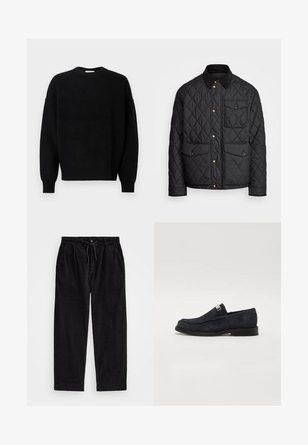 Melnā quiltota jaka ar velveteena apkakli, zeltītām spiedpogas, divām priekšējām kabatām un kabatu kreisajā pusē, ar logotipa uzlīmi.; Melnā adīta džemperis ar ribotu tekstūru, apaļu kaklu un nolaižamām plecu šuvēm, ar garām piedurknēm un brīvu piegriezumu.; Melnas korduroja bikses ar brīvu piegriezumu, ar elastīgu jostu un auklu, kā arī sānu kabatām. Audumam ir ribota tekstūra.; Jūras zila slēdzamo apavu ar teksturētu, mīkstu augšpusi, melna zole un sudraba accents uz siksnas. Apaļa purngalu dizains.