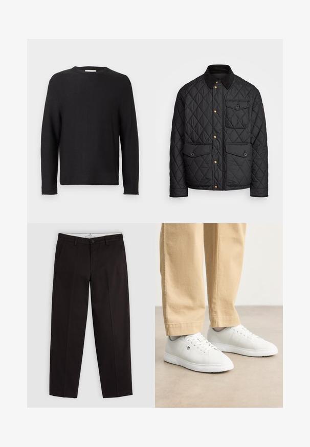Musta tikattu takki, jossa on samettikaulus, kultaiset napit, kaksi etutaskua ja tasku vasemmalla puolella, jossa on logopatch.; Mustat neulotut neuleet, joissa on pyöreä kaula-aukko ja pitkät hihat. Ominaisuuksiin kuuluu ribbikuvio ja ommellut saumat, sekä etiketti kaula-aukossa.; Mustat suorat chinosit vyölenkeillä, nappisuljettuna ja sivutaskuilla, esillä vaaleanharmaalla taustalla.; Valkoiset nahkakengät, joissa on sileä pinta, pyöreä kärki, nauhakiinnitys ja hienovarainen logoyksityiskohta sivussa, yhdistettynä beigeihin housuihin.