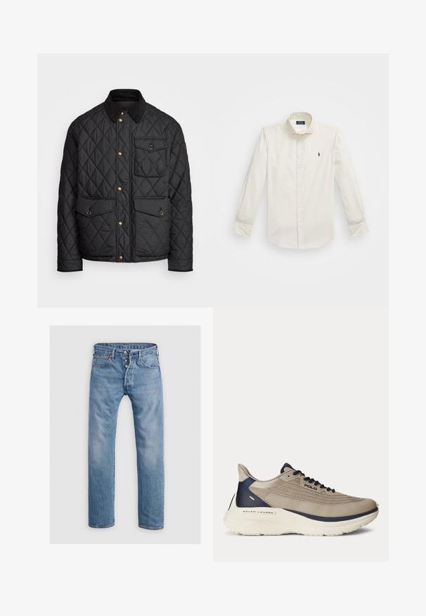 Čierna prešívaná bunda s kordovým golierom, zlatými cvokovými gombíkmi, dvoma prednými vreckami a vreckom na ľavej strane, so záplatou loga.; Biela dlhá košeľa s dlhým rukávom vyrobená z bavlny, s golierom na gombíky, jednou náprsní kapsou a malým námorným logom na ľavej strane.; Svetlo modré džínsy s rovnými nohavicami, piatimi vreckami a zapínaním na gombík. Obsahujú jemné oblečenie a vyšívacie detaily.; Bežová športová obuv s textúrovaným sieťovinovým zvrškom, námorníckymi akcentmi, hrubou bielou podrážkou a zložitými dizajnovými detailmi. Obsahuje šnúrky a logo.