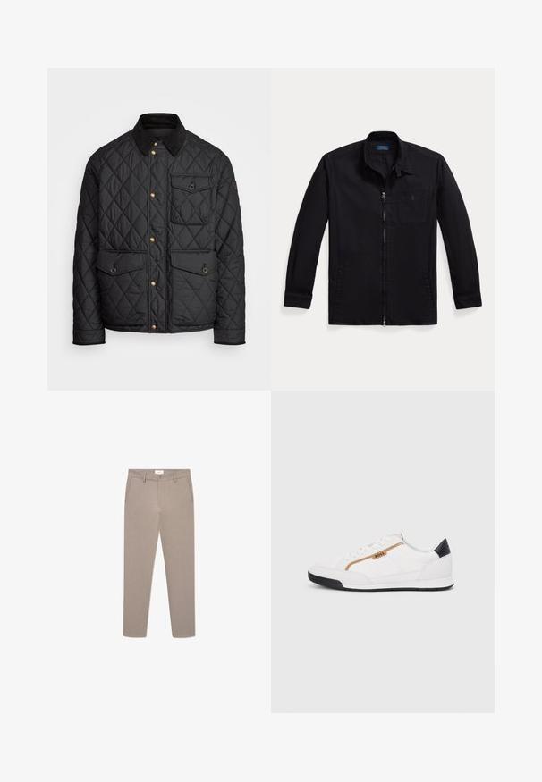 Crni quiltani kaput s ovratnikom od fiksa, zlatnim dugmadi na preklop, dva prednja džepa i džepom s lijeve strane, s logom na zakrpi.; Crna jakna od lagane tkanine, s prednjim zipom, oštrim ovratnikom i lijevim džepom na prsima s logotipom. Dugi rukavi s detaljima na manžetama.; Bež hlače s krojem koji se slaže uz tijelo, s patentnim zatvaračem, prednjim džepovima i suptilnim strukturiranim uzorkom. Izrađene od lagane tkanine.; Bijele atletske tenisice s mrežastim i kožnim detaljima. Imaju zlatni "BOSS" logo, teksturirane bočne panele i crnu kapicu na peti. Gumeni potplat.