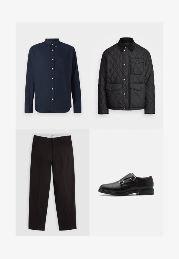 Juodas margintas paltas su kanapių apykakle, auksiniais spaudžiamais mygtukais, dviem priekinių didelėms kišenėms ir kišene kairėje pusėje, su logotipo etikete.; Tamsiai mėlynas marškinėlių su ilgomis rankovėmis, apykakle, priekiniais mygtukais ir krūtine kišenė. Pagamintas iš lygaus audinio.; Juodi tiesūs chinos kelnės su dirželių kilpomis, sagos uždarymu ir šoninėmis kišenėmis, pristatyti ant šviesiai pilko fono.; Juodos odinės batų suknelės su dviem sagtimis, apvaliu nosiu, subtiliu siuvinėjimu ir plokščiu, tekstūriniu guminio padu.