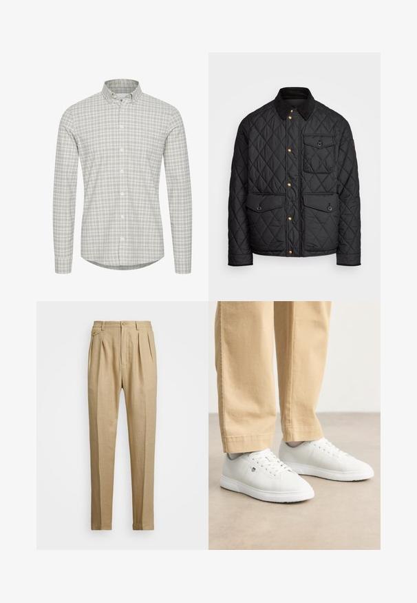 Chaqueta negra acolchada con cuello de pana, botones de presión dorados, dos bolsillos frontales y un bolsillo en el lado izquierdo, con un parche de logo.; Camisa blanca de botones con un patrón de cuadros en gris claro y gris oscuro, con mangas largas y un diseño de cuello clásico.; Pantalones de lino beige con corte recto, con dos pliegues frontales, cierre de botón y bolsillos laterales. Tejido texturizado con un acabado suave.; Zapatillas de cuero blanco con un acabado suave, con puntera redonda, diseño de cordones y un sutil detalle del logo en el lateral, combinadas con pantalones beige.