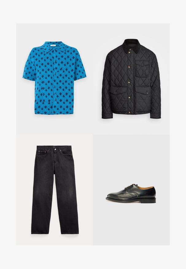 Črna prešita jakna s čimprijem ovratnikom, zlatimi gumbki, dvema sprednjima žepoma in enim žepom na levi strani, ki vsebuje žepno nalepko.; Bluza s kratkimi rokavi iz modrega blaga z geometrijskim vzorcem prepletenih črt, s ovratnikom in sprednjim zapiranjem na gumbe.; Črne denim kavbojke z sproščenim krojem, ki imajo pet žepov, gumbasto zadrgo in subtilno zbledelost po celotnem materialu.; Črne usnjene oblečne čevlje z gladko površino, zaobljenim nosom in minimalnim vezanjem. Imajo diskretnem oblikovanju in nizkim, trdim gumijastim podplatom.