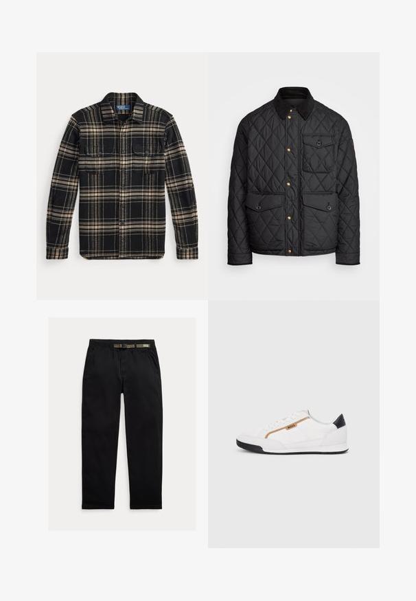 Czarna pikowana kurtka z kołnierzem z sztruksu, złotymi zatrzaskami, dwoma przednimi kieszeniami oraz kieszenią po lewej stronie, z naszywką z logo.; Koszula flanelowa w kratę w czarno-brązowe wzory, z długimi rękawami, dwoma kieszeniami na piersi i zapięciem na guziki, charakteryzująca się miękką fakturą i kontrastującymi wzorami.; Czarne spodnie wykonane z lekkiego materiału, z elastycznym paskiem wbudowanym w zielony pas, prostą nogawką oraz bocznymi kieszeniami.; Białe buty sportowe z siateczkowymi i skórzanymi akcentami. Posiadają złote logo "BOSS", teksturowane boczne panele i czapkę pięty w kolorze czarnym. Gumowa podeszwa.