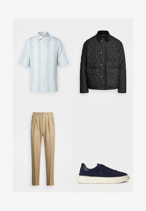 Schwarze gesteppte Jacke mit einem Cordkragen, goldenen Druckknöpfen, zwei Fronttaschen und einer Tasche auf der linken Seite, die ein Logopatch aufweist.; sandro Hemd - bleu; Beige Leinenhose mit geradem Schnitt, ausgestattet mit zwei vorderen Falten, einem Knopfverschluss und seitlichen Taschen. Strukturierter Stoff mit glatter Oberfläche.; Navy Wildleder Sneaker im niedrigen Schnitt mit strukturierter Oberfläche, Gummisohle und passenden Schnürsenkeln, ausgestattet mit einem kleinen Logo an der Seite und am Absatz.