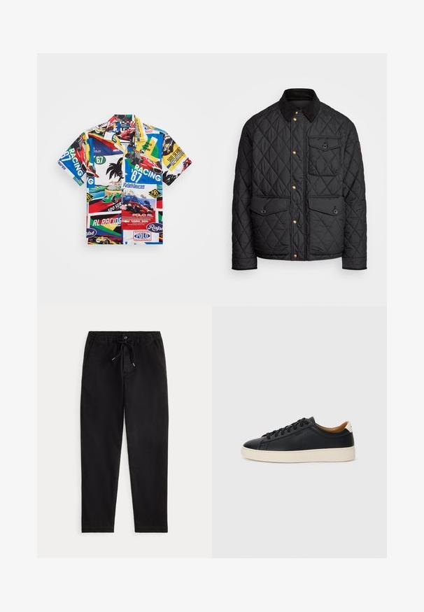 Czarna pikowana kurtka z kołnierzem z sztruksu, złotymi zatrzaskami, dwoma przednimi kieszeniami oraz kieszenią po lewej stronie, z naszywką z logo.; Koszulka z krótkim rękawem, wielokolorowa, z grafiką wyścigowego samochodu, z tekstem, logo i mieszanką żywych wzorów na lekkim materiale.; Czarne casualowe spodnie z elastycznym pasem, sznurkiem do regulacji, guzikiem z przodu oraz bocznymi kieszeniami, zaprezentowane na jednolitym tle.; Czarne skórzane trampki o gładkiej fakturze, jasnobrązowa gumowa podeszwa, sznurowana konstrukcja i kontrastujący akcent na pięcie.