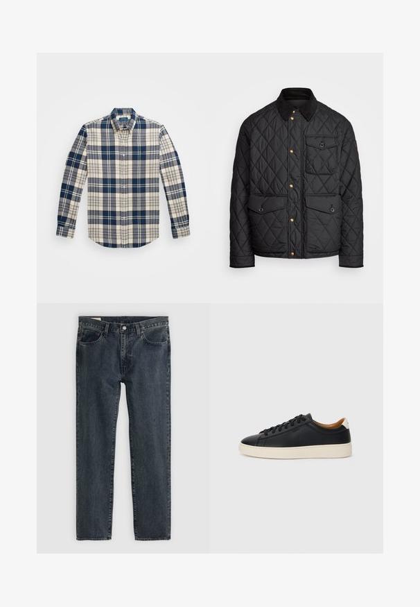 Black quilted jacket with a corduroy collar, gold snap buttons, two front pockets, and a pocket on the left side, featuring a logo patch.; Plaid shirt in navy, cream, and gray; long sleeves, button-down collar, and curved hem; features a chest pocket and subtle branding.; Dark blue denim jeans with a straight leg design, five pockets, and a button-fly closure. The fabric shows a subtle fade and texture.; Black leather sneakers with a smooth texture, beige rubber sole, lace-up design, and a contrasting heel accent.