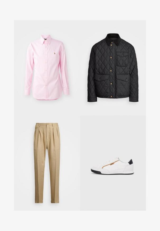 Μαύρο πλισέ μπουφάν με κόκκινο γιακά, χρυσά κουμπιά, δύο μπροστινές τσέπες και μια τσέπη στην αριστερή πλευρά, με λάδι λογότυπου.; Ανοιχτό ροζ πουκάμισο με κουμπιά, φτιαγμένο από βαμβάκι, με μύτη γιακα, μακριά μανίκια και ένα μικρό κεντημένο λογότυπο στο αριστερό στήθος.; Μπεζ λινές παντελόνες με ίσια γραμμή, που διαθέτουν δύο μπροστινές πιέτες, κλείσιμο με κουμπί και πλάγιες τσέπες. Υφασμάτινη επιφάνεια με απαλή υφή.; Λευκά αθλητικά παπούτσια με λεπτομέρειες από διχτυωτό και δερμάτινο υλικό. Διαθέτουν χρυσό λογότυπο "BOSS", υφασμάτινες πλευρές με υφή και μαύρη κάλυψη στη φτέρνα. Ελαστική σόλα.