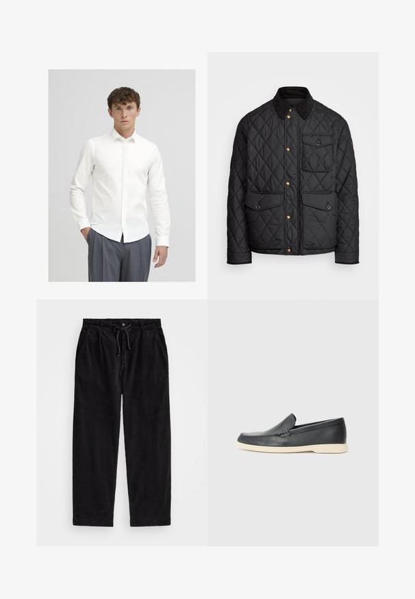 Czarna pikowana kurtka z kołnierzem z sztruksu, złotymi zatrzaskami, dwoma przednimi kieszeniami oraz kieszenią po lewej stronie, z naszywką z logo.; Biała koszula z długim rękawem, uszyta z gładkiego materiału. Ma klasyczny kołnierzyk i slim fit, zestawiona z szarymi spodniami w prążki.; Czarne spodnie z corduroy o luźnym kroju, z elastycznym pasem na sznurku i bocznymi kieszeniami. Tkanina ma prążkowaną teksturę.; Czarne skórzane slip-ony w stylu loafers z teksturowanym wykończeniem i kontrastującą beżową gumową podeszwą. Posiadają delikatny akcent wzdłuż przodu.