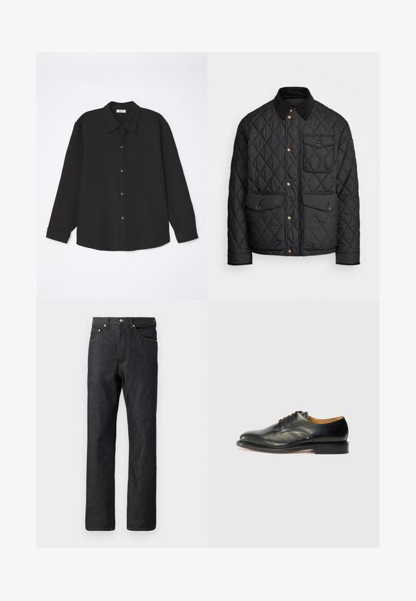 Veste noire matelassée avec un col en velours côtelé, des boutons-pression dorés, deux poches avant et une poche sur le côté gauche, avec un patch logo.; sandro JOKER - Chemise - noir; Jean en denim bleu foncé avec une coupe droite. Comprend cinq poches, des coutures orange et une fermeture à bouton à la taille.; Chaussure habillée en cuir noir avec une finition lisse, un bout arrondi et un laçage minimal. Présente un design subtil et une semelle en caoutchouc basse et robuste.