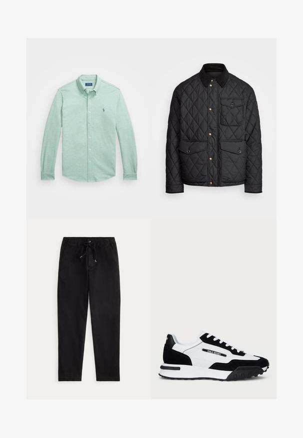 Casaco acolchoado preto com colarinho de veludo cotelê, botões de pressão dourados, dois bolsos frontais e um bolso no lado esquerdo, apresentando um patch de logotipo.; Camisa de botão de manga longa verde clara com uma textura suave de heather, apresentando um colarinho e um pequeno logótipo bordado no peito.; Calças casuais pretas com cintura elástica, cordão de ajuste, botão frontal e bolsos laterais, exibidas sobre um fundo simples.; Ténis com um cabedal em camurça preta e pele branca, apresentando uma sola em borracha preta, atacadores brancos e um logo "POLO SPORT" na lateral.