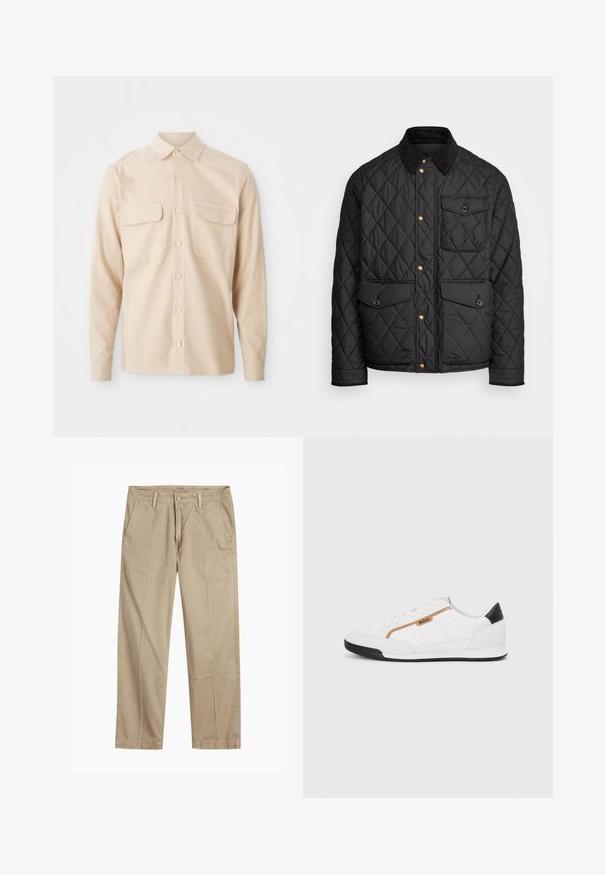 Juodas margintas paltas su kanapių apykakle, auksiniais spaudžiamais mygtukais, dviem priekinių didelėms kišenėms ir kišene kairėje pusėje, su logotipo etikete.; Smėlio spalvos ilgomis rankovėmis marškiniai, pagaminti iš audinės, su dviem krūtinės kišenėmis, smailiu apykakle ir sagčių uždarymu priekyje. Glotnus paviršius.; Bežiniai tiesaus kirpimo chinos kelnės su diržo kilputėmis, priekyje esančia mygtuko ir užtrauktuko uždarymo sistema, bei šoninėmis kišenėmis.; Balti sportiniai bateliai su tinklinėmis ir odinėmis detalėmis. Yra auksinė "BOSS" logotipas, tekstūruoti šonai ir juodas kulno dangtelis. Guminis padas.