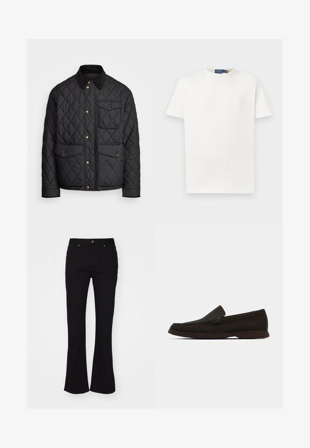 Casaco acolchoado preto com colarinho de veludo cotelê, botões de pressão dourados, dois bolsos frontais e um bolso no lado esquerdo, apresentando um patch de logotipo.; T-shirt branco de manga curta e gola redonda com um discreto logo bordado no lado esquerdo do peito e etiqueta de marca na gola.; Calças jeans pretas de cintura alta e boca de sino, com fecho frontal e design de cinco bolsos, exibidas sobre um fundo branco.; Mocassins em camurça castanho-escuro, slip-on, com bico cosido, sola de borracha de perfil baixo e detalhes texturizados na parte superior.