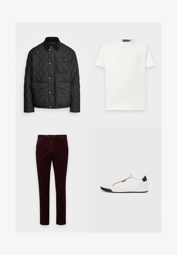 Veste noire matelassée avec un col en velours côtelé, des boutons-pression dorés, deux poches avant et une poche sur le côté gauche, avec un patch logo.; T-shirt blanc uni à manches courtes et col rond, avec un logo brodé discret sur la poitrine gauche et une étiquette de marque au col.; Pantalons en velours côtelé bordeaux avec une coupe droite, dotés d'une fermeture à bouton et d'une texture lisse, présentés sur un fond blanc.; Baskets blanches avec des accents en maille et en cuir. Caractéristiques d'un logo "BOSS" doré, de panneaux latéraux texturés et d'un capuchon de talon noir. Semelle en caoutchouc.