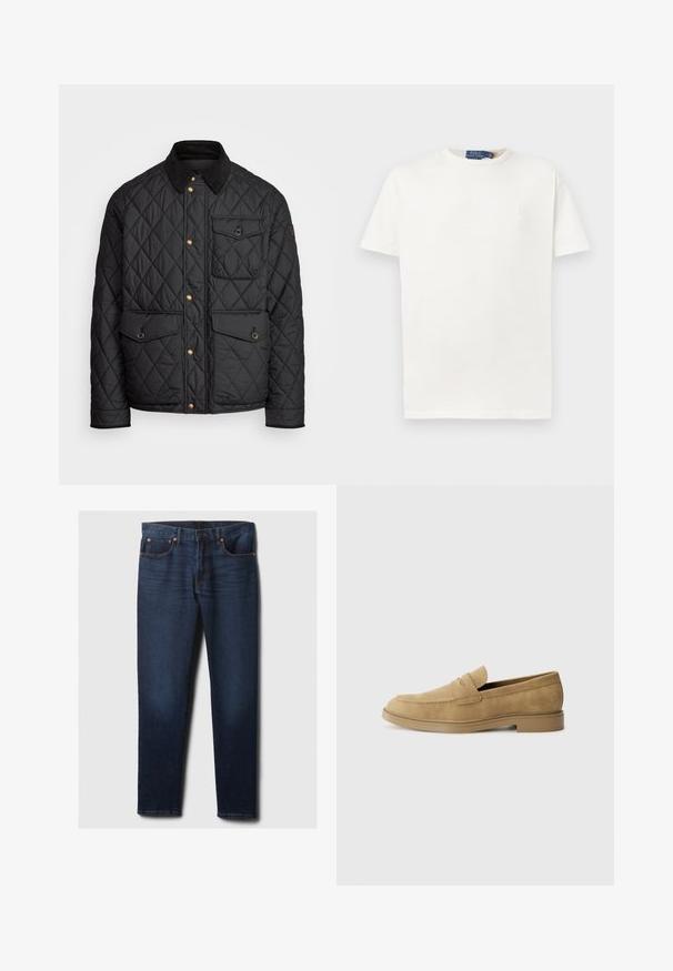 Must mustriga jakk, millel on sametkaelus, kuldsed nööbid, kaks eesmist taskut ja tasku vasakul küljel, millel on logotäht.; Üksik valge lühikese varrukaga ümar kaelusega T-särk, millel on vasakul rinnal diskreetne tikand ning bränditud krae silt.; Tumedad sinise kitsasteksitud teksad, millel on veidi kulumist reie esiosas, vasknupud ja klassikaline viie-tasku stiil, laotatud valgele taustale.; Kahvatusuede loaferid ümmarguse varbaga, madala plokknõelaga ja tikandiga pealispinnal. Sujuv tekstuur ja minimalistik disain.