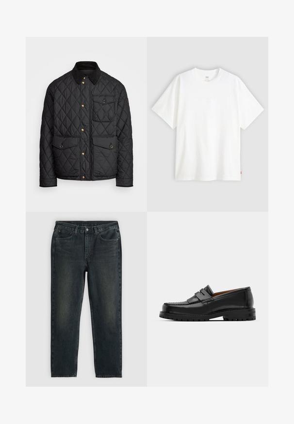 Fekete steppelt dzseki corduroy gallérral, arany snap gombokkal, két elülső zsebbel és egy bal oldali zsebbel, logó jelvénnyel.; Fehér, rövid ujjú pamut póló, kerek nyakkivágással. Az elülső részen finom, domború logós részlet található, valamint egy piros cimke az alsó szegélyen.; Sötétkék farmernadrág, egyenes fazonnal, ött zsebbel, cipzáras sliccel és kontrasztos varrással. A szövet enyhe kopása.; Fekete bőr loaferek kiemelkedő varrással, két díszcsíkkal a felső részen és vastag, struktúrált talppal rendelkeznek a jobb tapadás érdekében.