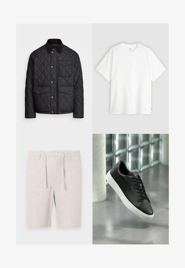 Čierna prešívaná bunda s kordovým golierom, zlatými cvokovými gombíkmi, dvoma prednými vreckami a vreckom na ľavej strane, so záplatou loga.; Biela tričko s krátkym rukávom vyrobené z bavlny s klasickým výstrihom. Má jemne embosované logo na prednej strane a červenú etiketu na leme.; Svetlošedé šortky vyrobené z texturovanej látky so vzorom rybej kosti. Obsahujú elastický pás, šnúrku na stiahnutie a predné vrecká.; Čierne kožené tenisky s bielou gumovou podrážkou, okrúly špička a šnurovanie. Majú hladkú textúru a jemné logo na jazyku.