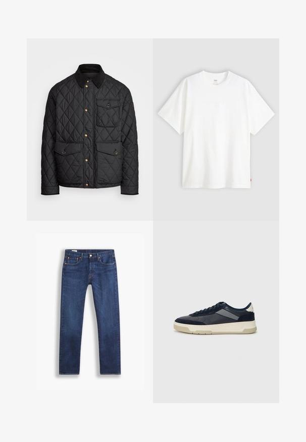 Črna prešita jakna s čimprijem ovratnikom, zlatimi gumbki, dvema sprednjima žepoma in enim žepom na levi strani, ki vsebuje žepno nalepko.; Bela kratka majica s kratkimi rokavi iz bombaža s krožnim izrezom. Ima diskretno embosirano logotipno podrobnost spredaj in rdečo etiketo na robu.; Temno modri trije-žepi kavbojke ravnega kroja s klasičnim petim žepom in gumbom za zapiranje, prikazane na beli podlagi.; BOSS BALTIMORE - Športni copati - open blue