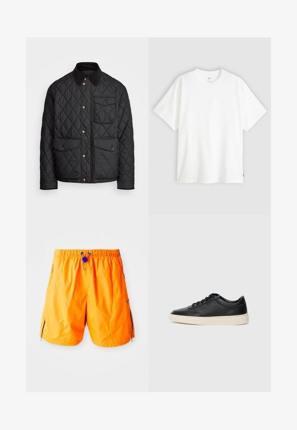 Melnā quiltota jaka ar velveteena apkakli, zeltītām spiedpogas, divām priekšējām kabatām un kabatu kreisajā pusē, ar logotipa uzlīmi.; Balta īslaicīga T-krekla ar īsām piedurknēm, kas izgatavots no kokvilnas, ar apaļu kakla izgriezumu. Priekšpusē ir smalks reljefs ar logotipu un sarkans birka apakšmalā.; Oranžās sporta šortos ar elastīgu jostu, regulējamu zīda auklu un sānu rāvējslēdzēju kabatām. Izgatavoti no gluda, viegla auduma.; Melnas zemas ādas sporta kurpes ar melnām auklām un off-white zoli, rādītas no sānu profila uz baltā fona.