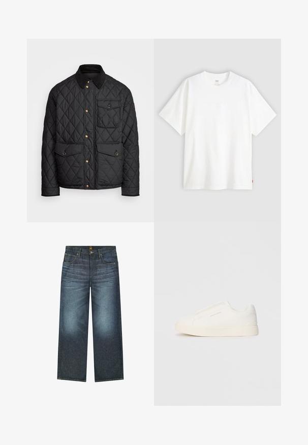 Črna prešita jakna s čimprijem ovratnikom, zlatimi gumbki, dvema sprednjima žepoma in enim žepom na levi strani, ki vsebuje žepno nalepko.; Bela kratka majica s kratkimi rokavi iz bombaža s krožnim izrezom. Ima diskretno embosirano logotipno podrobnost spredaj in rdečo etiketo na robu.; Temno modri široki jeans iz denima, ki vsebujejo pet žepov, kontrastno šivanje in gumbasto zapiranje na pasu.; Bele zapete brez vezalk z teksturirano površino, debelim podplatom in minimalističnim dizajnom. Na strani se nahaja logotip blagovne znamke.