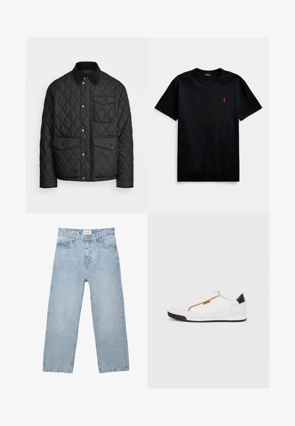 Svart quiltad jacka med en kordflöjelskrage, gyllene tryckknappar, två framfickor och en ficka på vänster sida, försedd med en logotypapplikation.; Svart bomullströja med korta ärmar, rund hals och liten röd broderad logotyp på vänster bröst. Slät textur, avslappnad design.; Ljusblå denimjeans med en lös, rak passform, som har fem fickor, en knäppning och subtila blekningar överallt.; Vita sportskor i vitt med inslag av nät och läder. Har en gyllene "BOSS"-logotyp, texturerade sidopaneler och en svart hälkap. Gummisula.