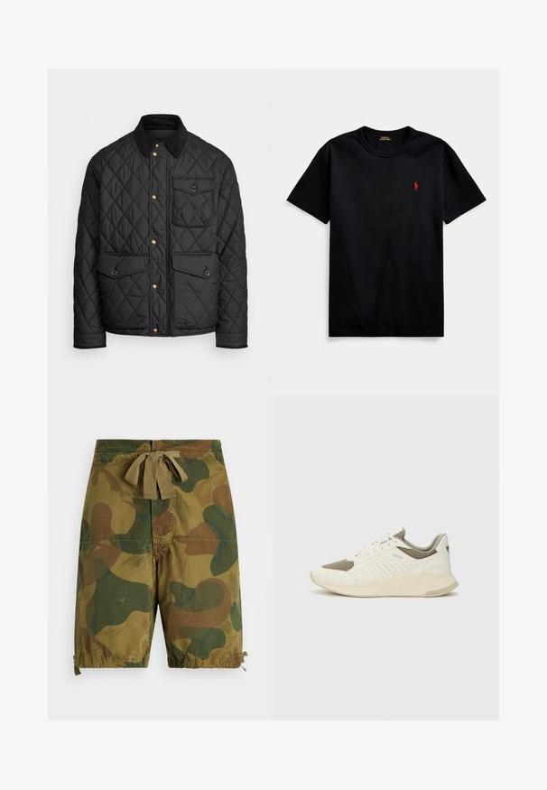 Melnā quiltota jaka ar velveteena apkakli, zeltītām spiedpogas, divām priekšējām kabatām un kabatu kreisajā pusē, ar logotipa uzlīmi.; Melnas kokvilnas T-krekls ar īsām piedurknēm, apaļu kakla izgriezumu un mazu sarkanu izsietu logotipu kreisajā krūtī. Gluda tekstūra, ikdienišķs dizains.; Kamuflāžas šorti zaļās un brūnās krāsās, izgatavoti no viegla auduma, ar stinguma jostu un savilktām apakšmalām.; Baltas un gaiši bež sporta apavi, ar sieta augšdaļu, perforētiem detaļām un teksturētu vidusdaļu ar zīmolu uz papēža.