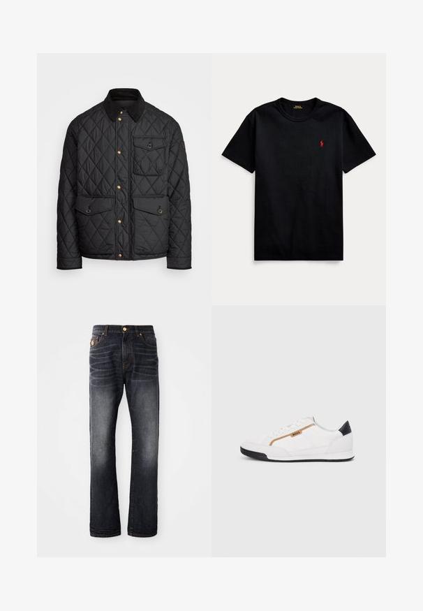 Chaqueta negra acolchada con cuello de pana, botones de presión dorados, dos bolsillos frontales y un bolsillo en el lado izquierdo, con un parche de logo.; Camiseta de algodón negra con mangas cortas, cuello redondo y pequeño logo bordado en rojo en el lado izquierdo del pecho. Textura suave, diseño casual.; Vaqueros azul oscuro de corte recto, con efecto desgastado, costuras naranjas y una bragueta con cremallera y cierre de botón.; Zapatillas deportivas blancas con acentos de malla y cuero. Presentan un logotipo dorado de "BOSS", paneles laterales texturizados y una tapa de talón negra. Suela de goma.